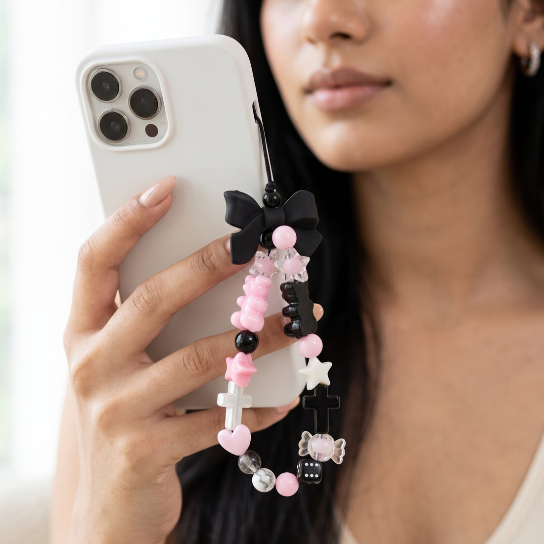 PRAO Mobile Charms Beaded With Black Bow, Gummy Bear, Star, Cross, And Dice Charms
