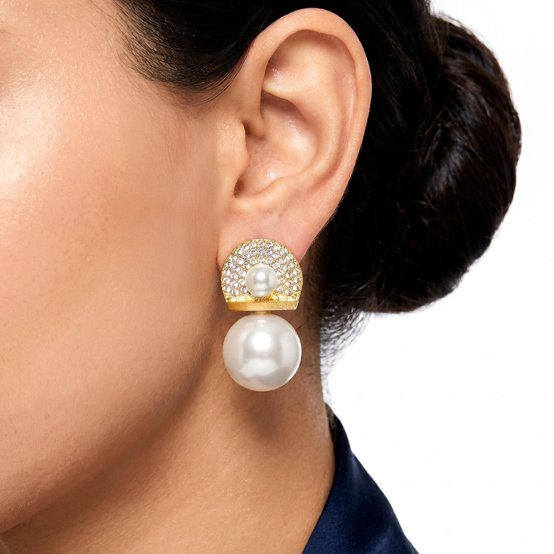PRAO Earrings Anti-Tarnish Dual Pearl Crystal Studs