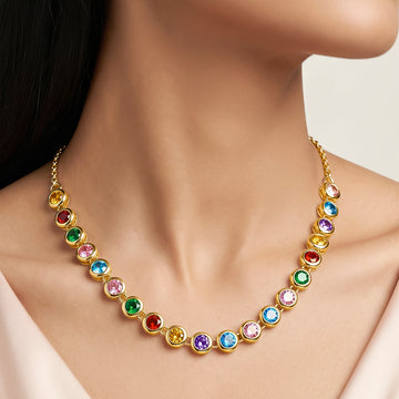 PRAO Necklace Anti-Tarnish Gold Plated Multicoloured Crystals
