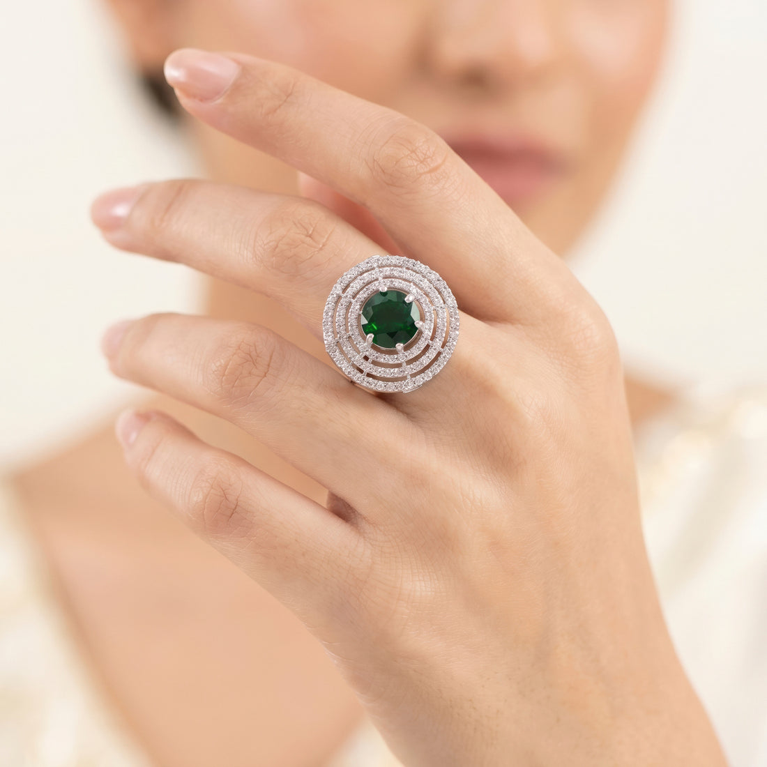 PRAO Ring Anti-Tarnish Emerald Halo Crystal (Adjustable Size)