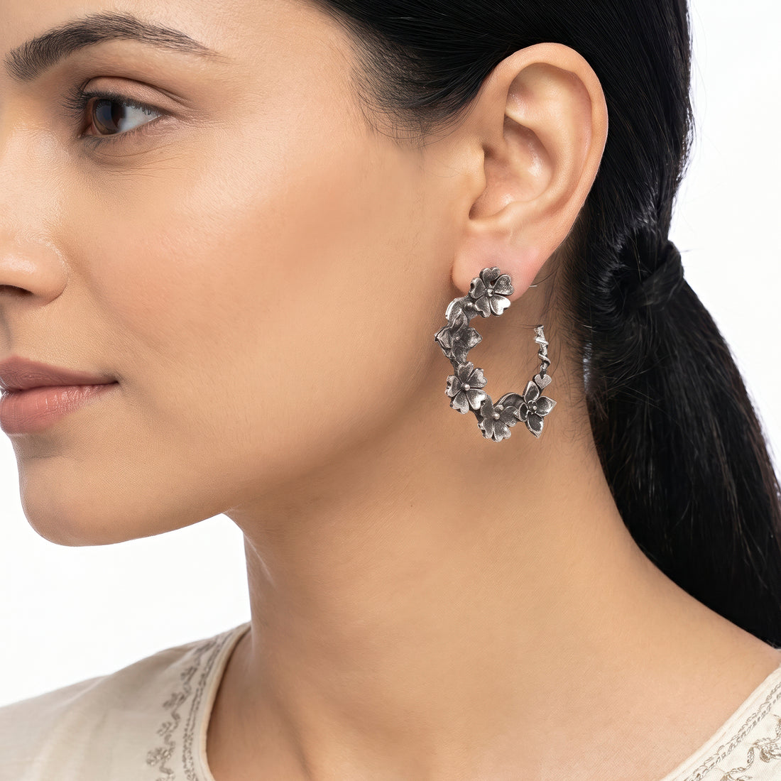 PRAO Earrings Anti-Tarnish Oxidised Hoops Floral Strand Motifs