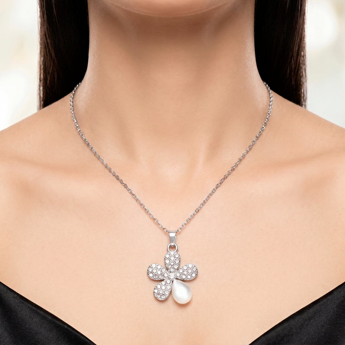 PRAO Necklace Anti-Tarnish Floral Pendant With Monalisa Stone