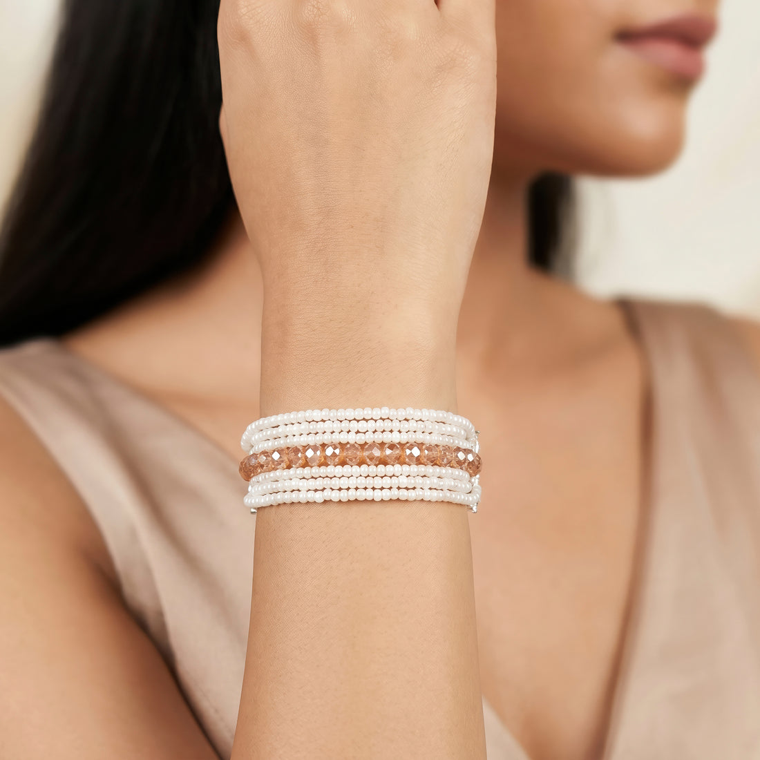 PRAO Bracelet Anti-Tarnish Seed Bead & Champagne Crystal (Adjustable Size)