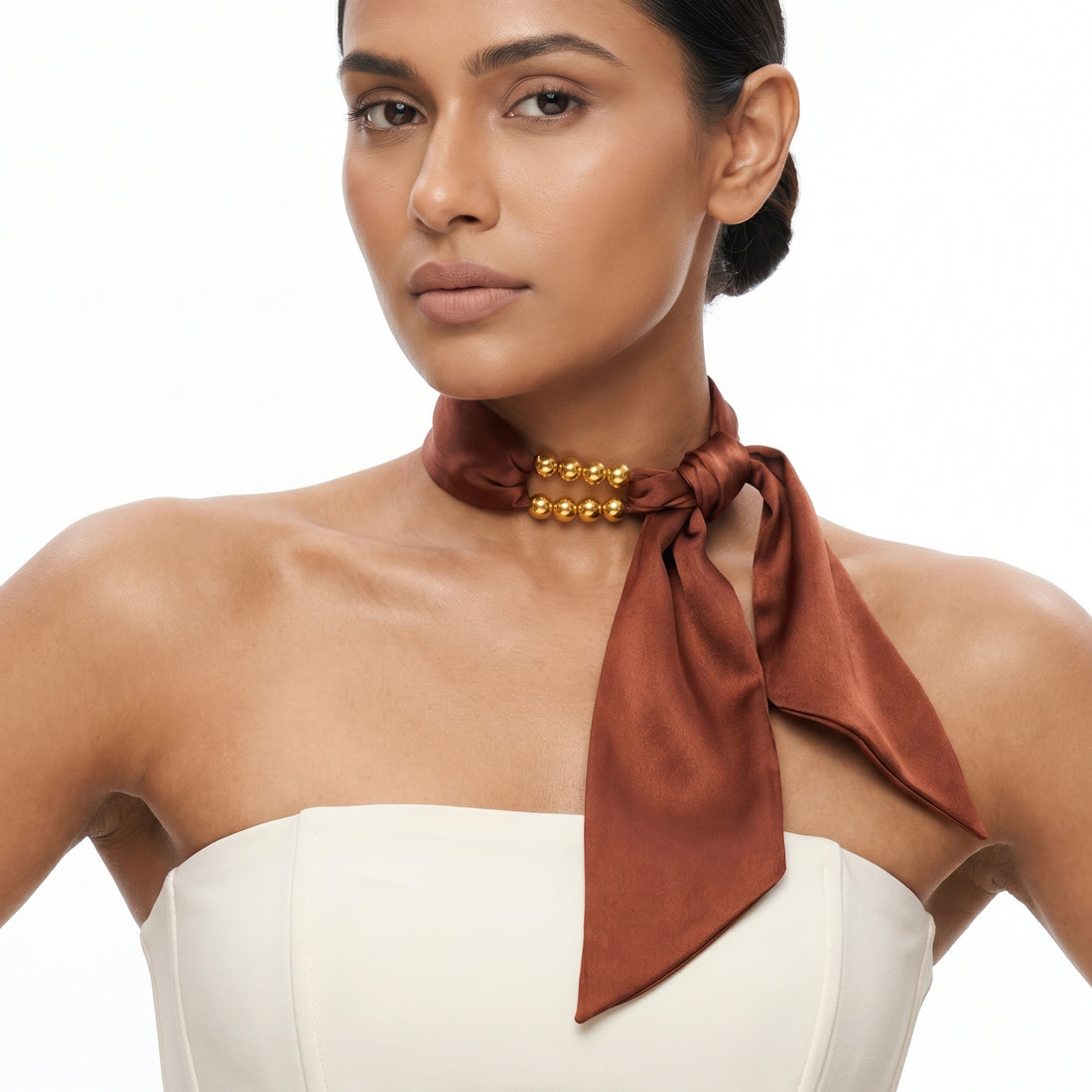 PRAO Scarf Necklace Brown Satin With Gold Beads