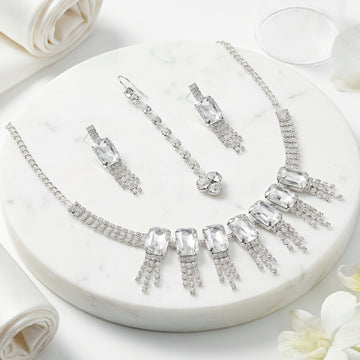 PRAO Necklace Anti-Tarnish Rectangle Crystal Fringe Set With Earrings