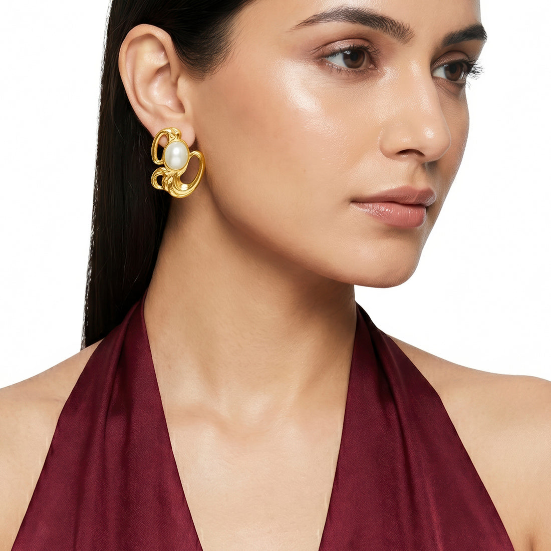 PRAO Earrings Anti-Tarnish Abstract Studs With Faux Pearl Center