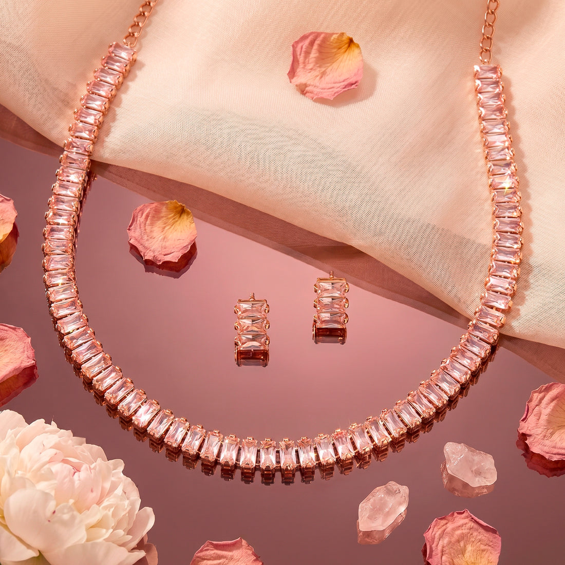 PRAO Necklace Anti-Tarnish Tennis Style Baguette Crystal Set With Earrings