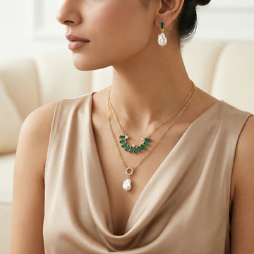 PRAO Necklace Waterproof Layered Crystal & Pearl Set With Earrings