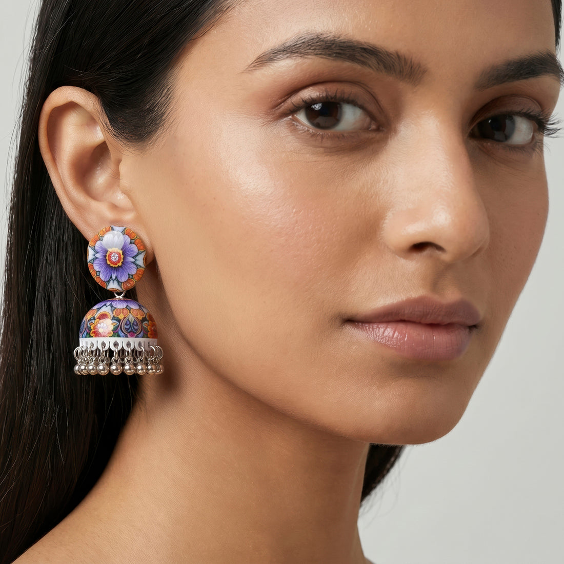 PRAO Earrings Anti-Tarnish Purple Multi-Color Floral Printed Jhumki