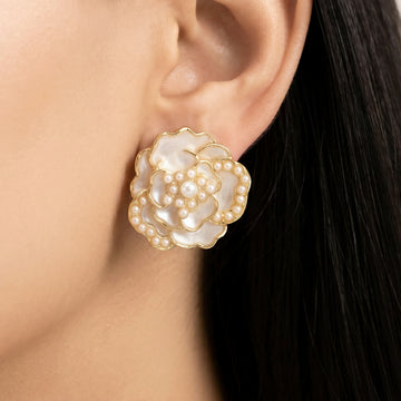 PRAO Earrings Anti-Tarnish White Camellia Pearl Stud