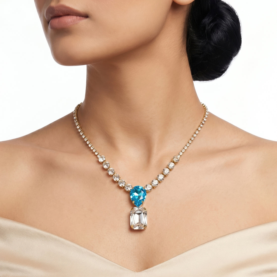 PRAO Necklace Anti-Tarnish Aquamarine Crystal Statement