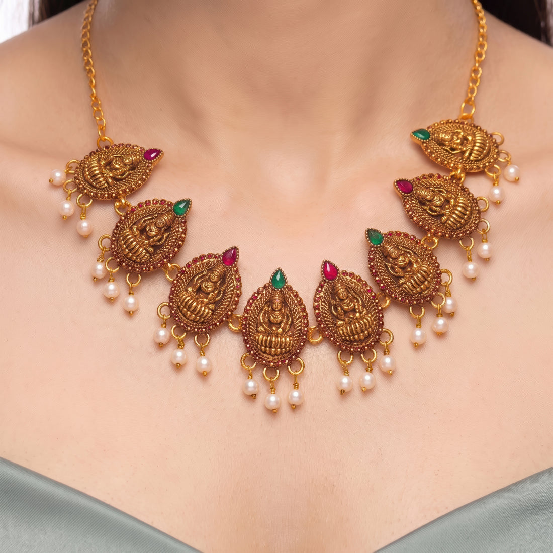 PRAO Necklace Anti-Tarnish Antique Temple Lakshmi With Red Green Stones And Pearl Fringe