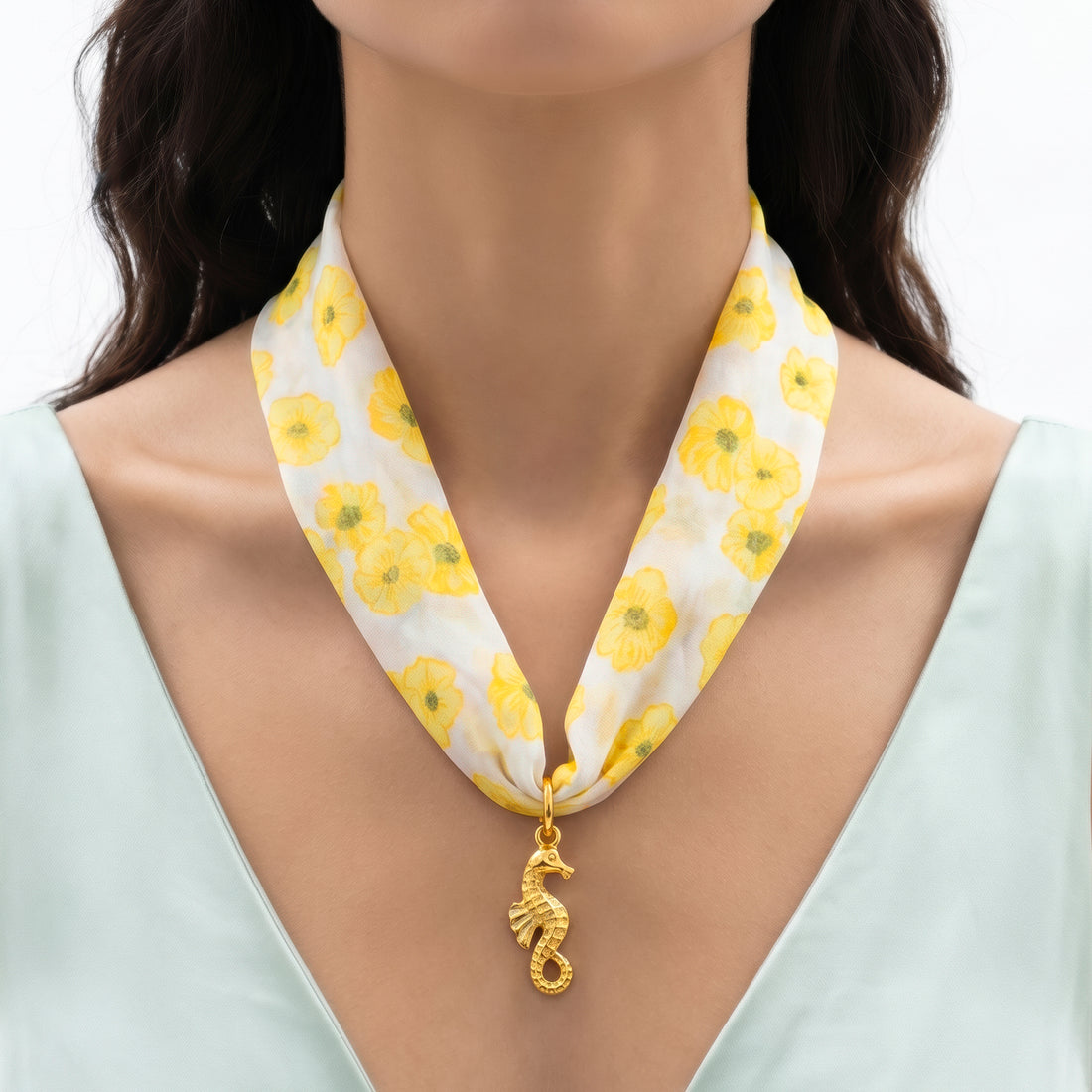 PRAO COMBO ✨ Yellow Floral Scarf Necklace With Anti-Tarnish Golden Seahorse Earrings