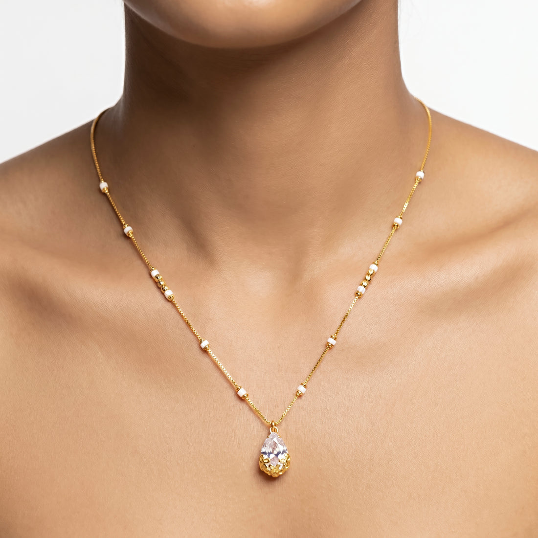PRAO Necklace Anti-Tarnish White Bead Teardrop Crystal Chain