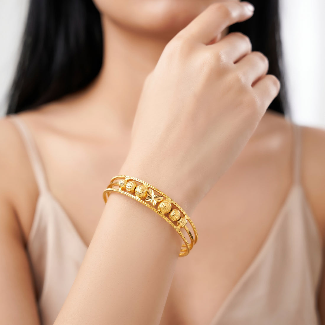 PRAO Bracelet Anti-Tarnish Double-Band Butterfly Motif Bangle With Textured Beads (Adjustable Size)
