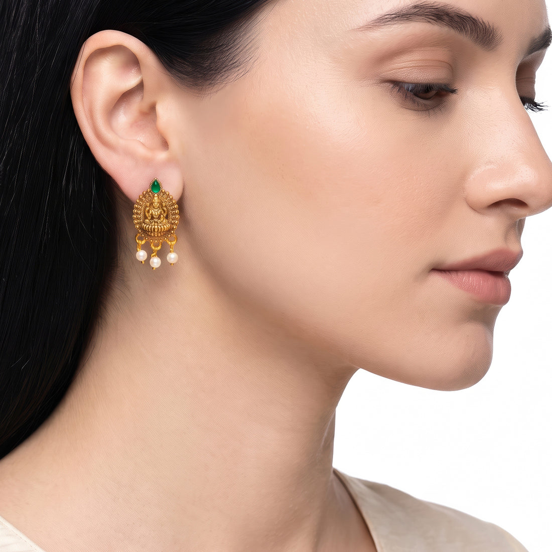 PRAO Earrings Anti-Tarnish Lakshmi Pearl Studs