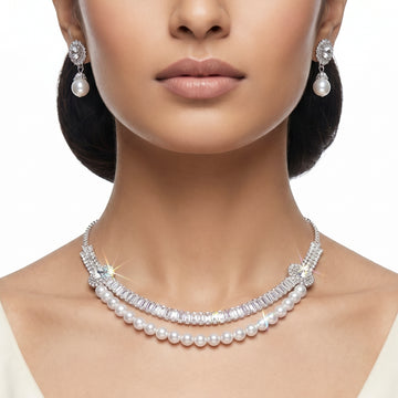 PRAO Necklace Anti-Tarnish Layered Baguette And Pearl Set With Earrings