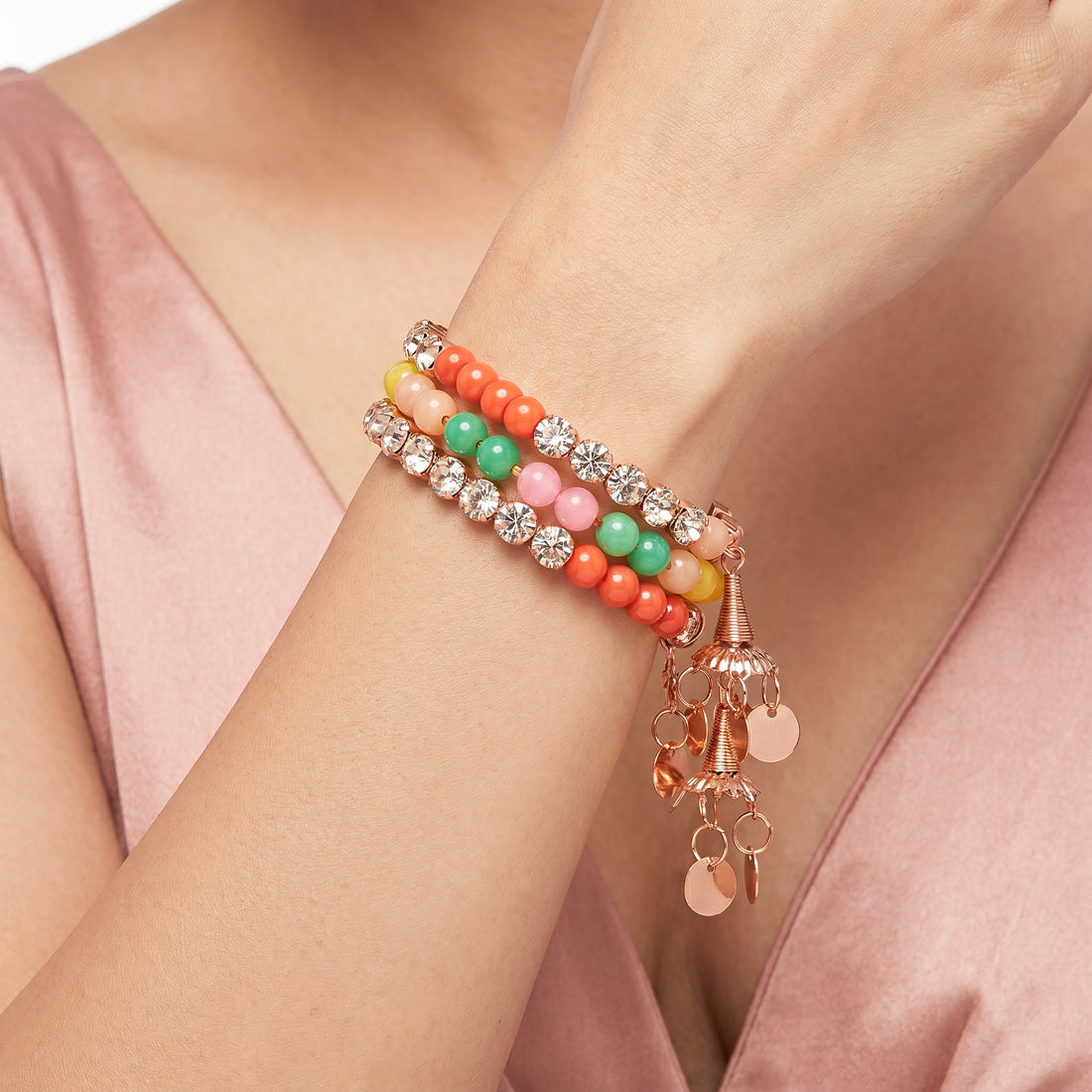 PRAO Bracelet Anti-Tarnish Triple-Row Spiral With Beads And Charms (Adjustable Size)