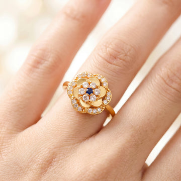 PRAO Ring Anti-Tarnish Floral Crystal Blue Stone (Adjustable Size)