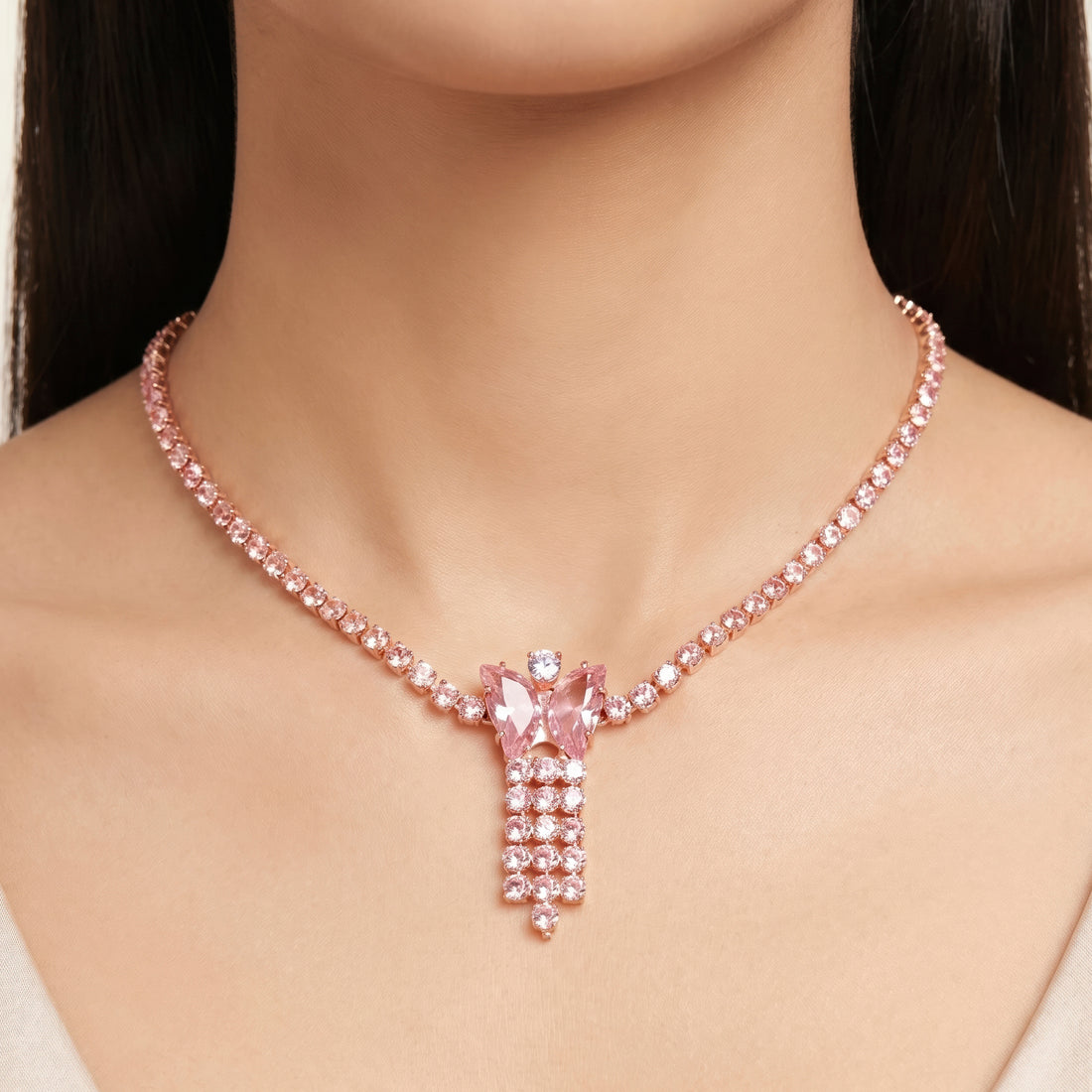 PRAO Necklace Anti-Tarnish Pink Butterfly Rhinestone Set With Earrings