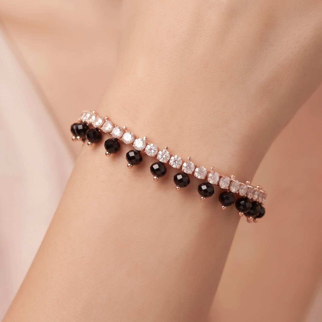 PRAO Bracelet Anti-Tarnish Crystal Cuff with Black Beads (Adjustable Size)