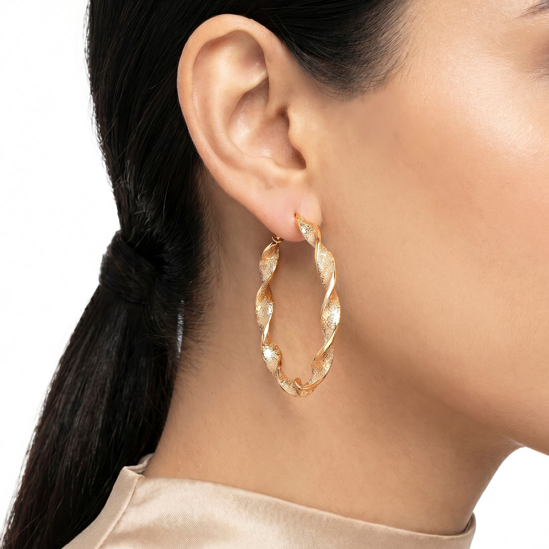PRAO Earrings Anti-Tarnish Golden Twisted Large Ribbon Hoops