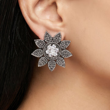 PRAO Earrings Anti-Tarnish Oxidised Floral Studs Crystal Center