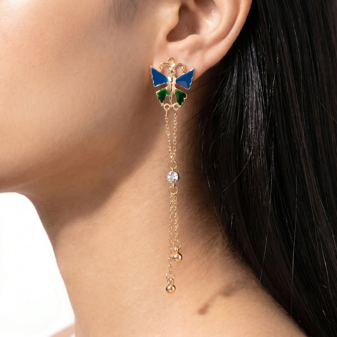 PRAO Earrings Anti-Tarnish Enamel Butterfly Dangles With Chain Tassels