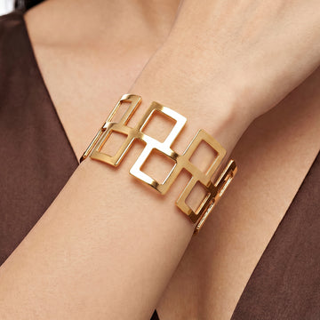 PRAO Bracelet Anti-Tarnish Broad Bangle With Open-Work Squares (Adjustable Size)