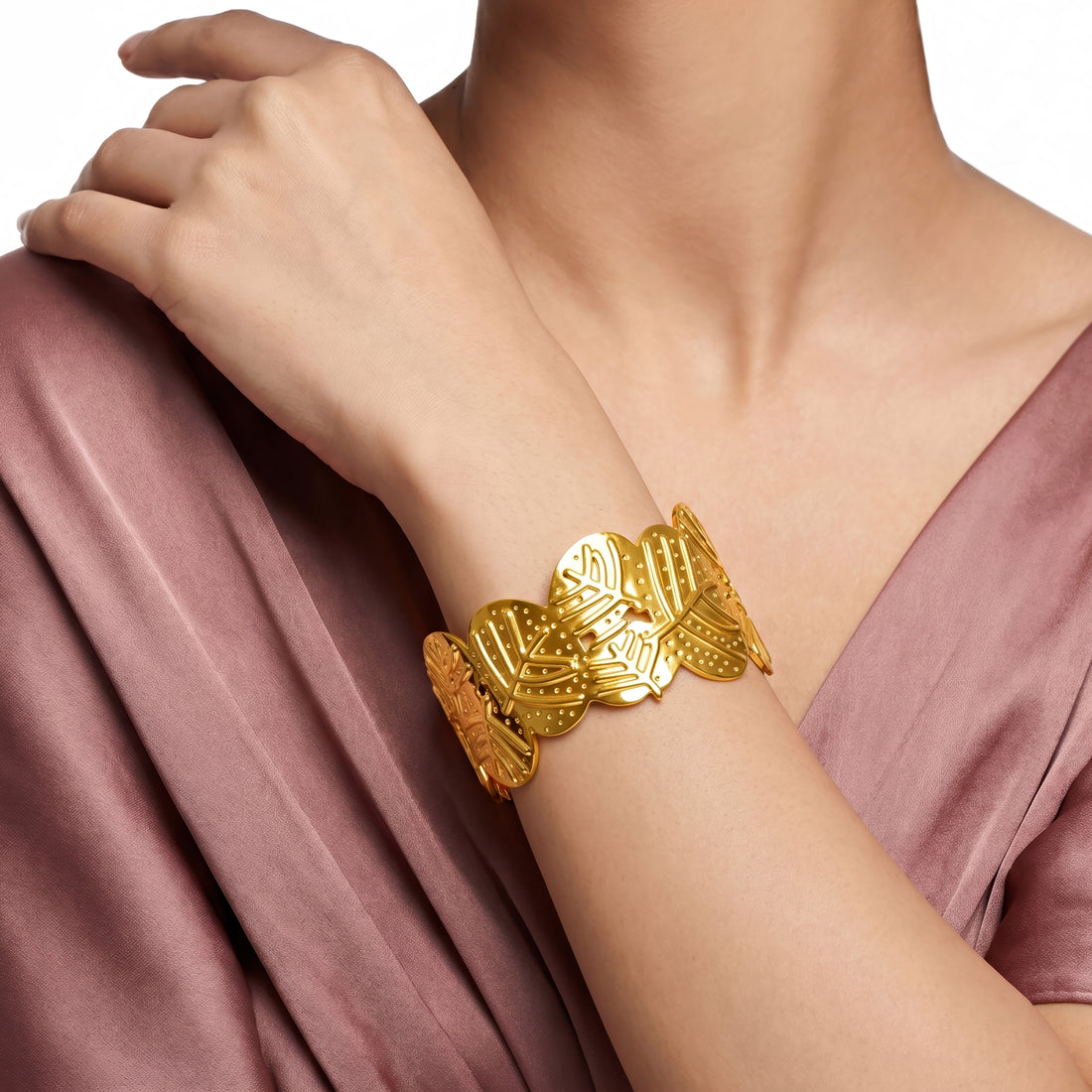 PRAO Bracelet Anti-Tarnish Monstera Leaf Filigree Open Cuff (Adjustable Size)