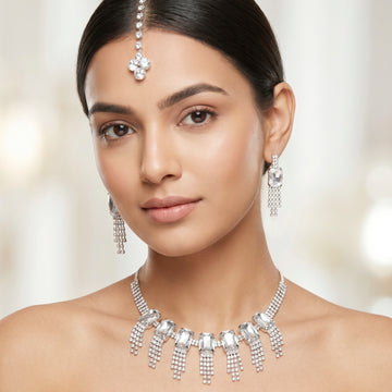 PRAO Necklace Anti-Tarnish Crystal Rectangle Fringe Set With Earrings