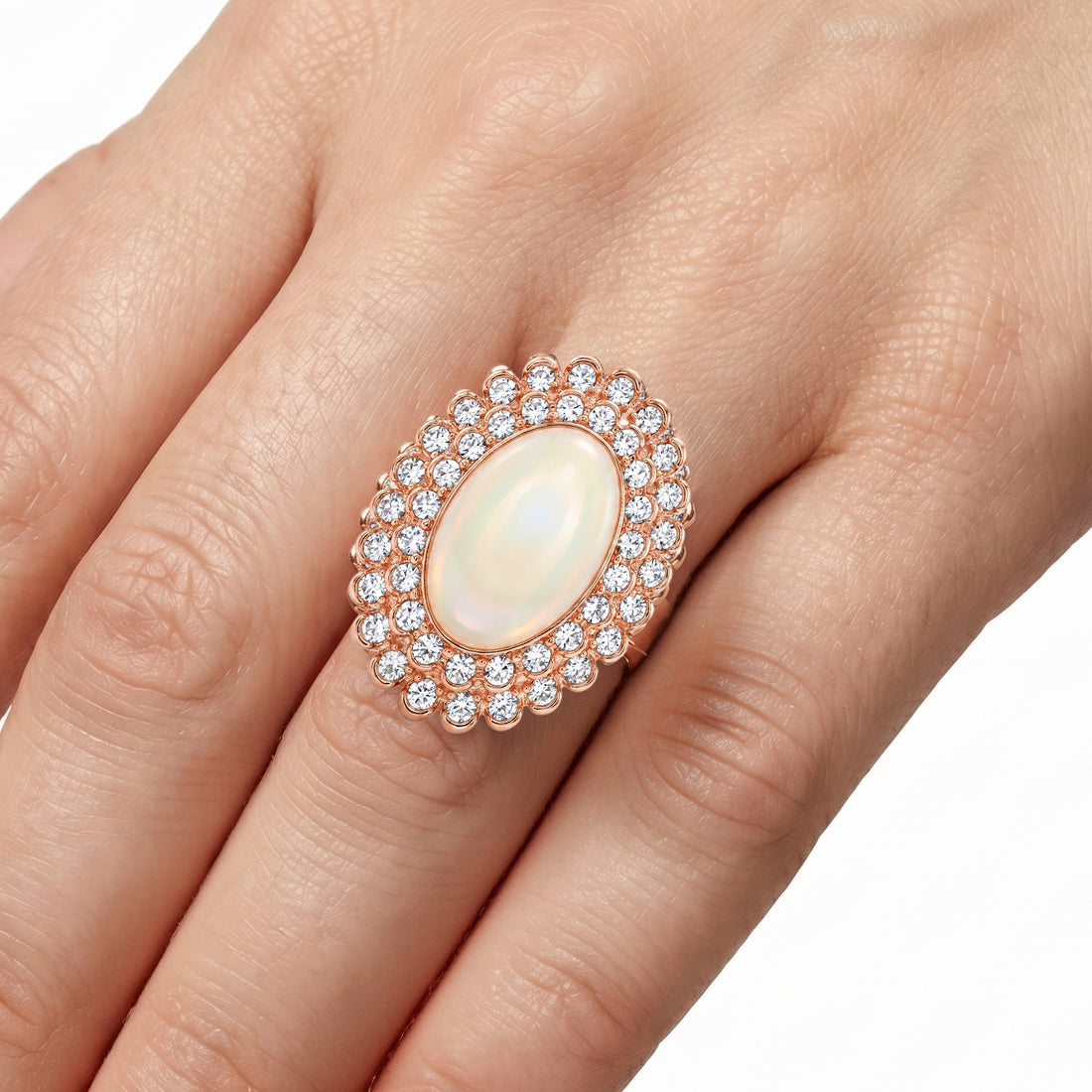 PRAO Ring Anti-Tarnish Statement Cocktail With Opal-Like Center Stone And Rhinestones (Adjustable Size)