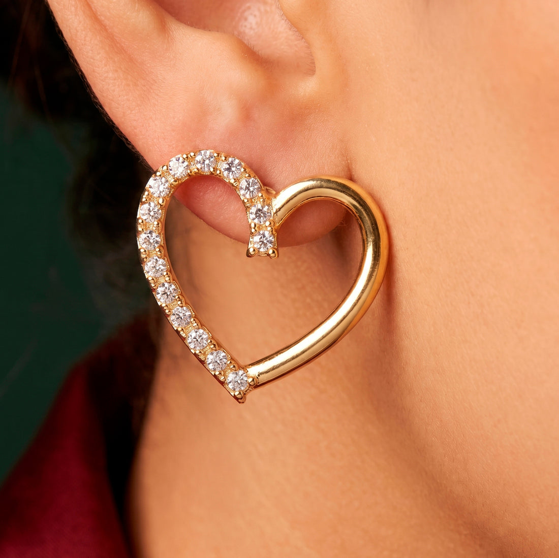 PRAO Earrings Anti-Tarnish Open Heart Studs With Crystal Border
