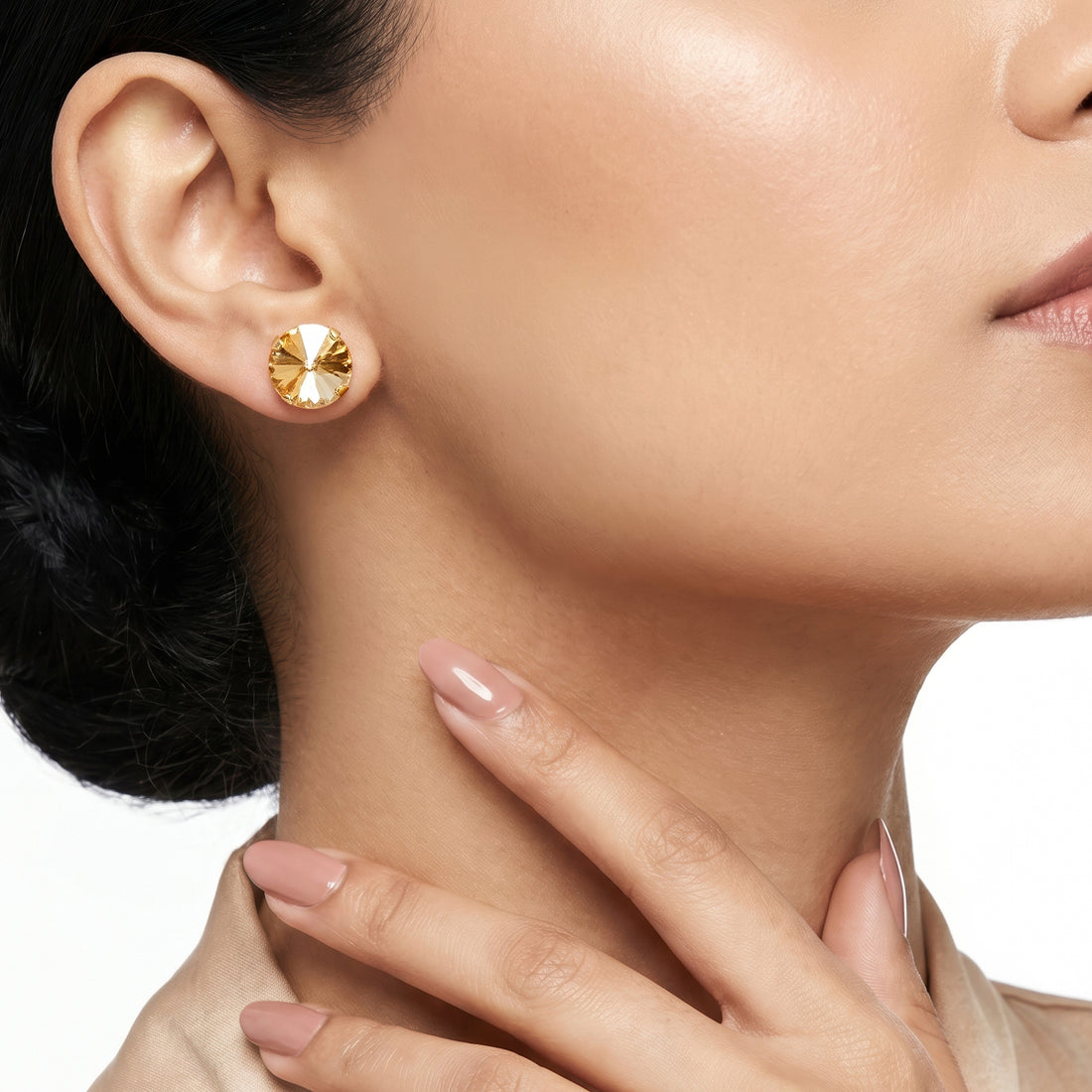 PRAO Earrings Anti-Tarnish Oversized Round Champagne Crystal Studs