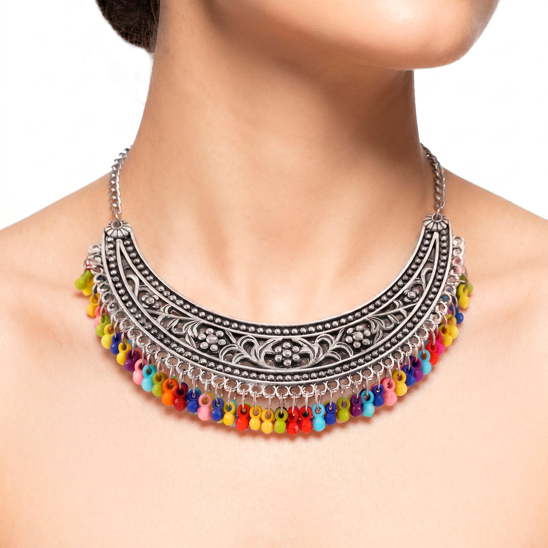 PRAO Necklace Anti-Tarnish Ethnic Statement With Colorful Acrylic Ghungroo Hangings