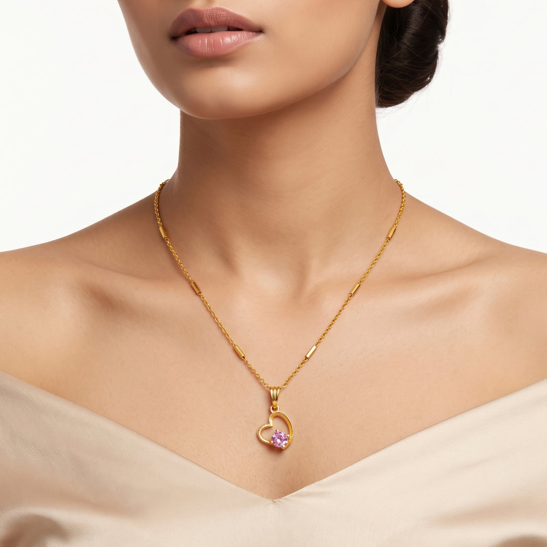 PRAO Necklace Anti-Tarnish Open Heart Pendant Chain With Round Pink Stone