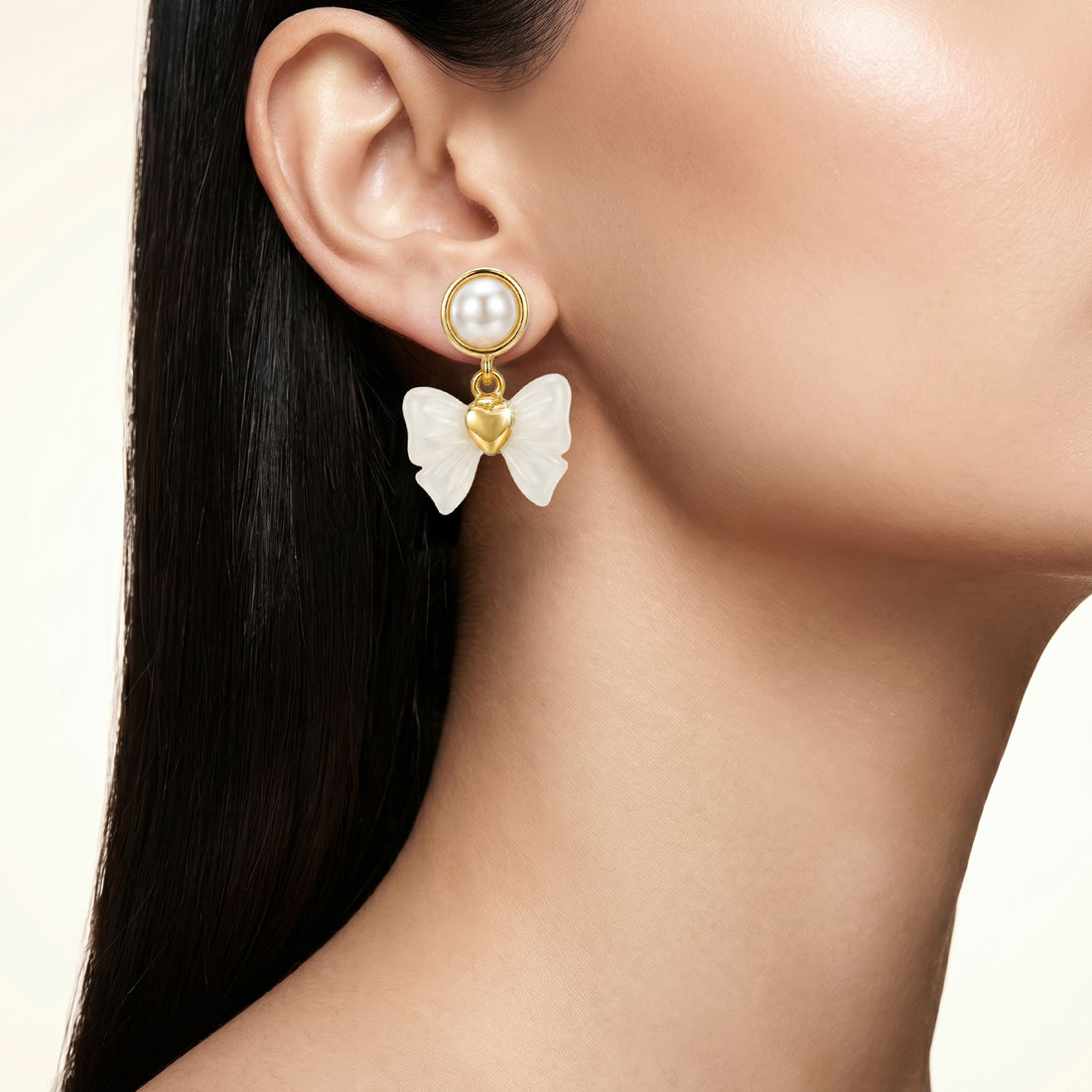 PRAO Earrings Anti-Tarnish Bow And Heart Dangles With Pearl Accents