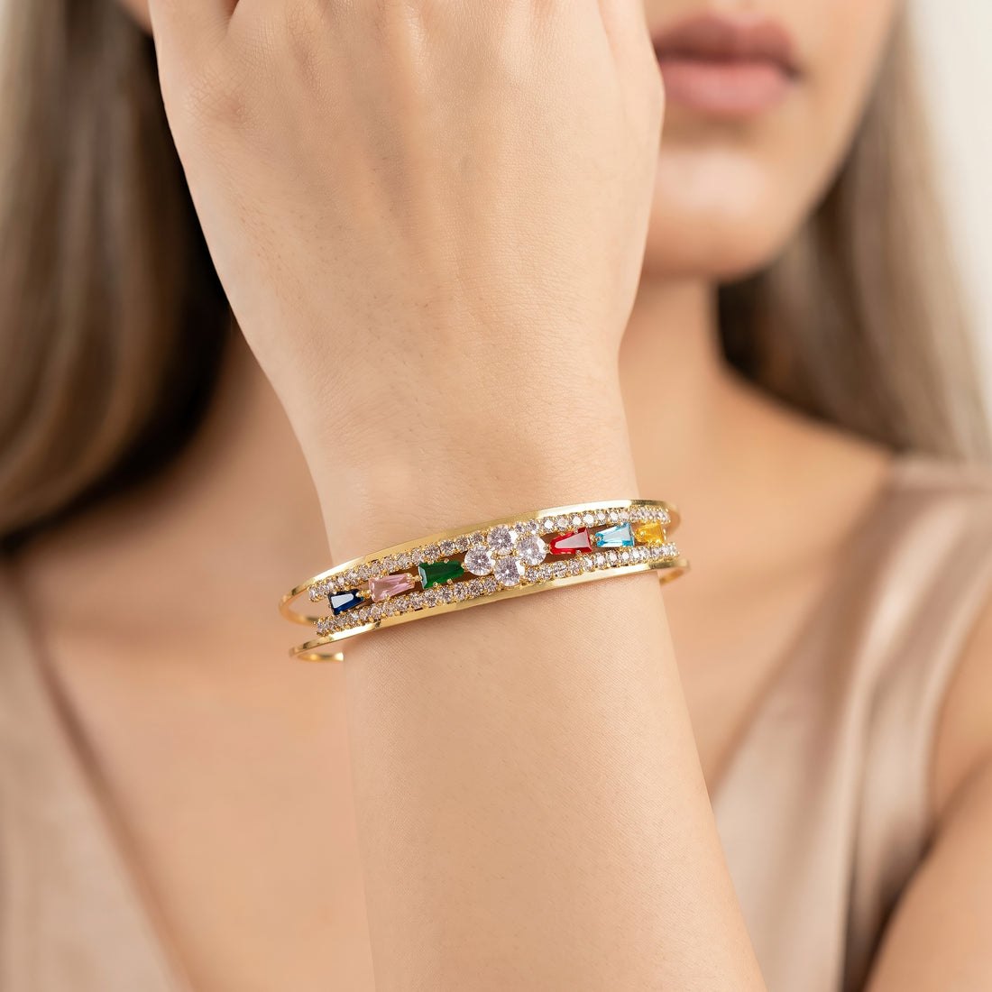 PRAO Bracelet Anti-Tarnish Adjustable Floral Rhinestone Bangle (Adjustable Size)