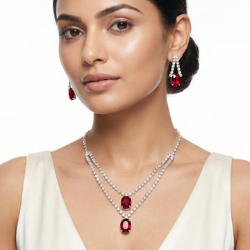 PRAO Necklace Anti-Tarnish Double Layer Crystal Pendant Set With Earrings