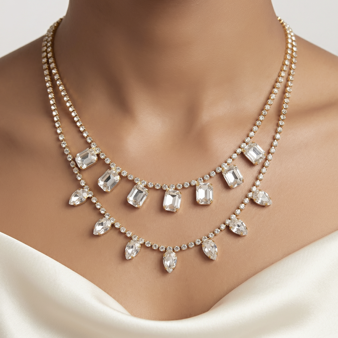 PRAO Necklace Waterproof Double Layer Crystal Charms Set With Earrings