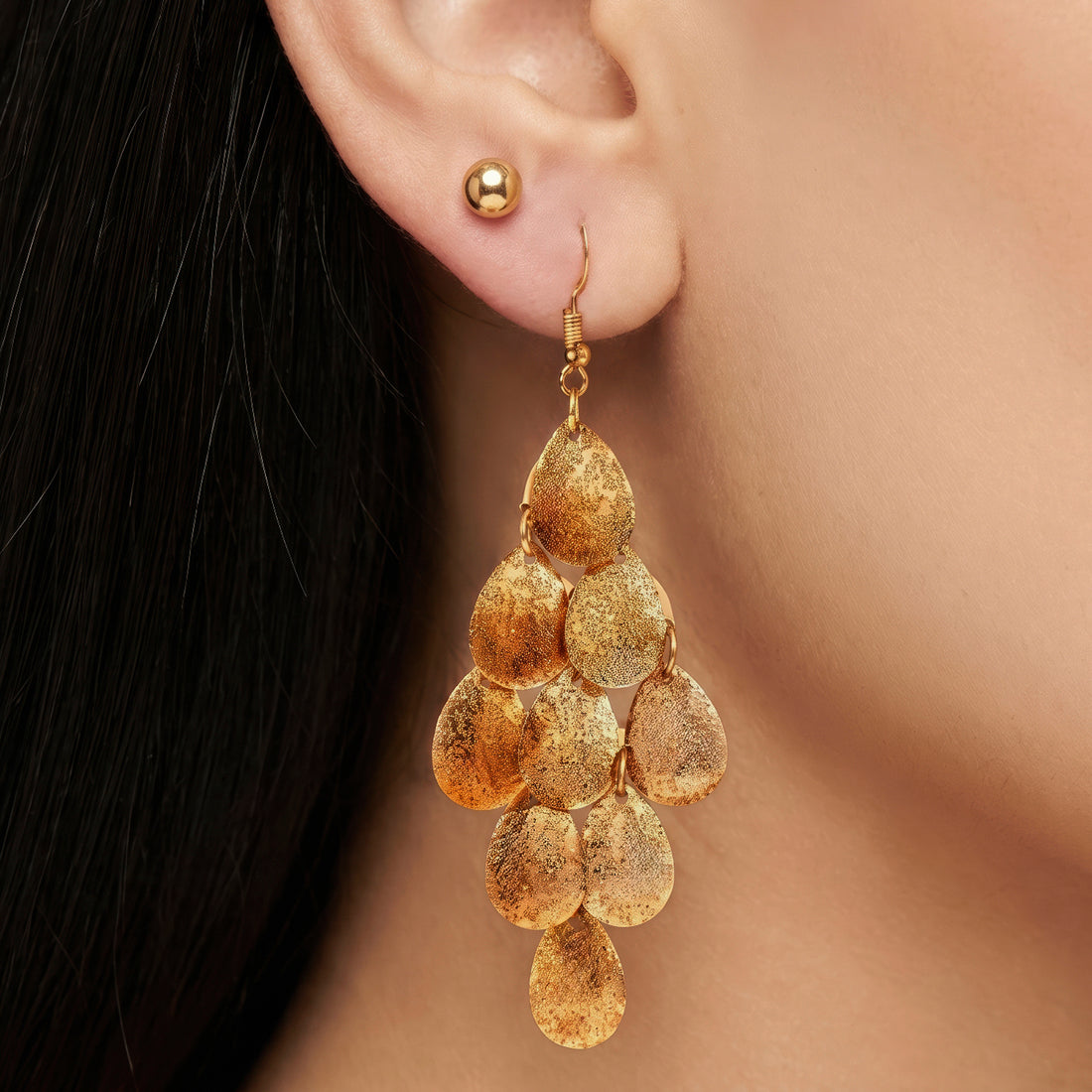 PRAO 2 Earrings Anti-Tarnish Tiered Teardrop Disc Dangle & Ball Studs