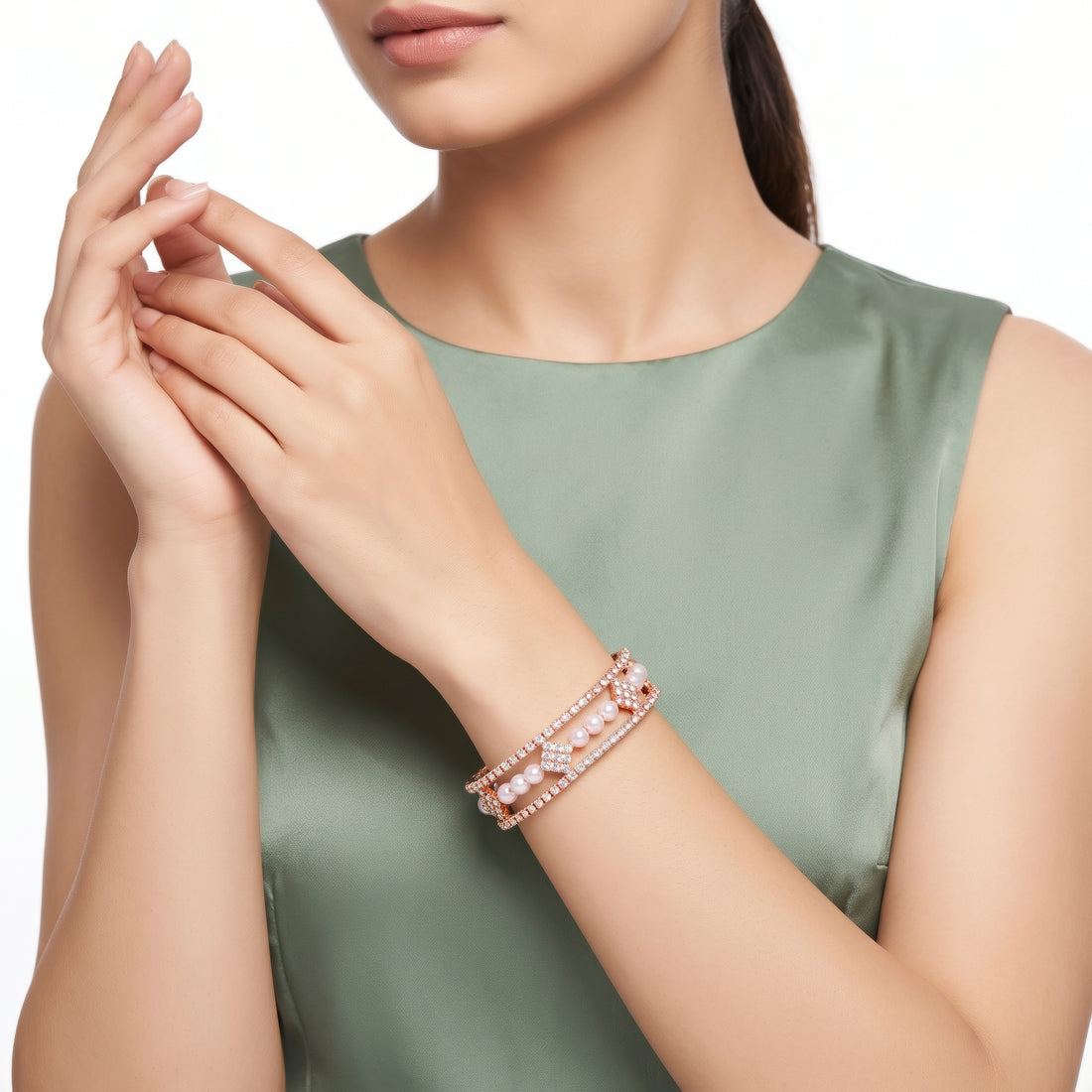 PRAO Bracelet Anti-Tarnish Three-Row Crystal And Faux Pearl Bangle (Adjustable Size)