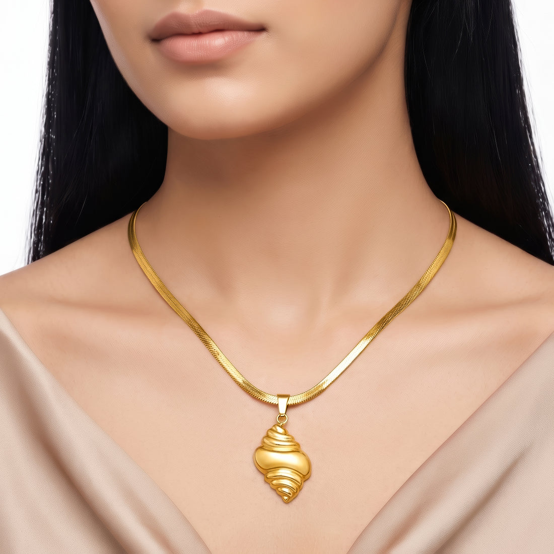 PRAO Necklace Anti-Tarnish Spiral Seashell Pendant Herringbone Chain