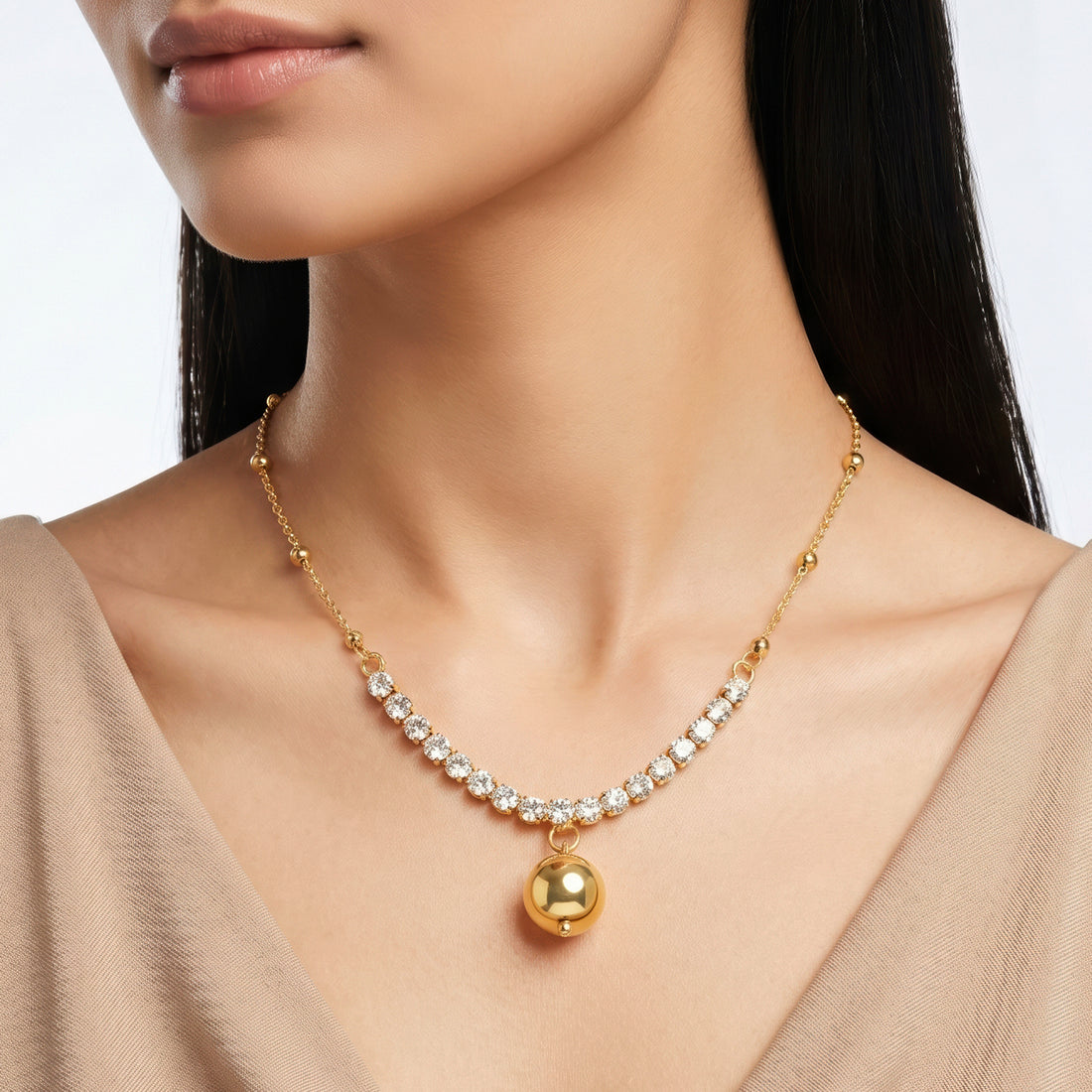 PRAO Necklace Anti-Tarnish Gold Plated Rhinestone Ball Pendant Chain Crystals Set