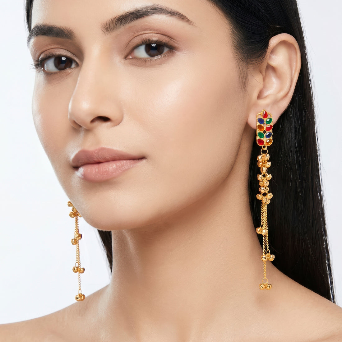 PRAO Earrings Anti-Tarnish Kashmiri Red Green Crystals Ghungroos