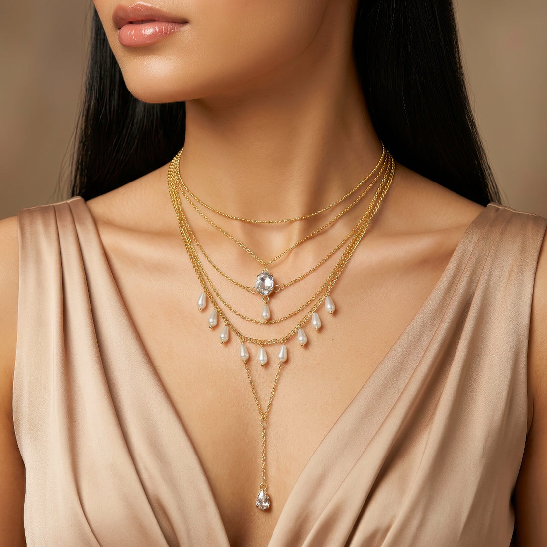 PRAO Necklace Anti-Tarnish Crystal Pearl Layers