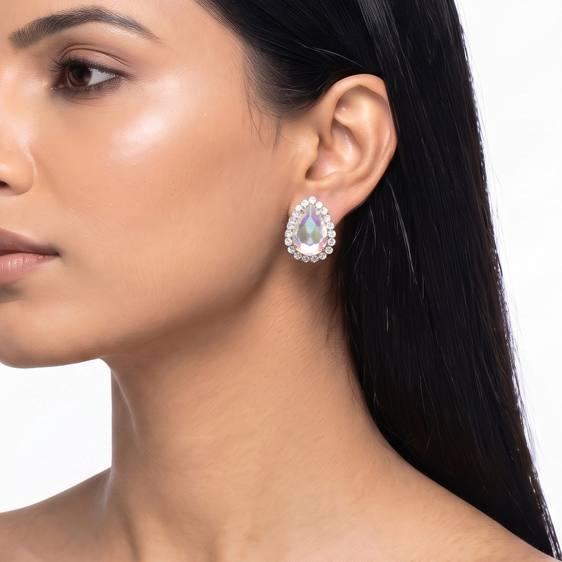 PRAO Earrings Anti-Tarnish Teardrop Iridescent Crystal Studs With Rhinestone Halo