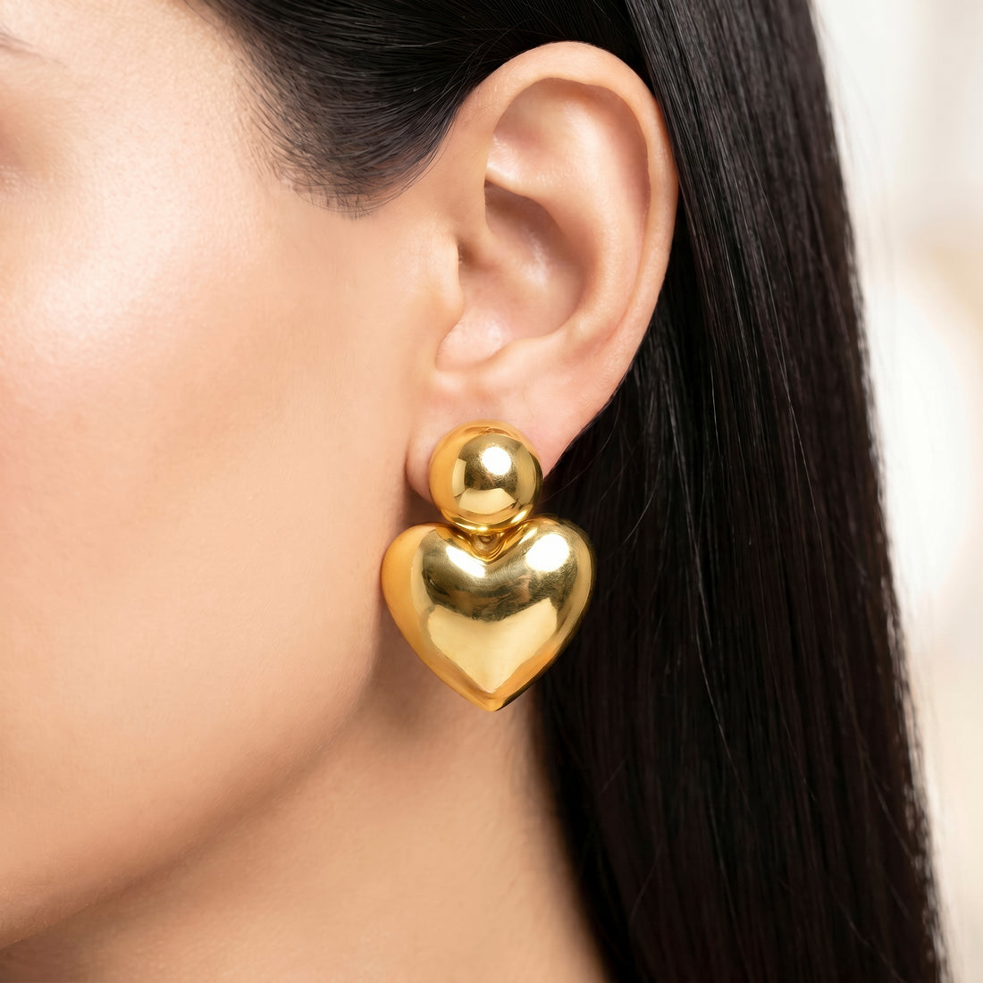 PRAO Earrings Anti-Tarnish Tiered Puffy Heart & Round Post Drop