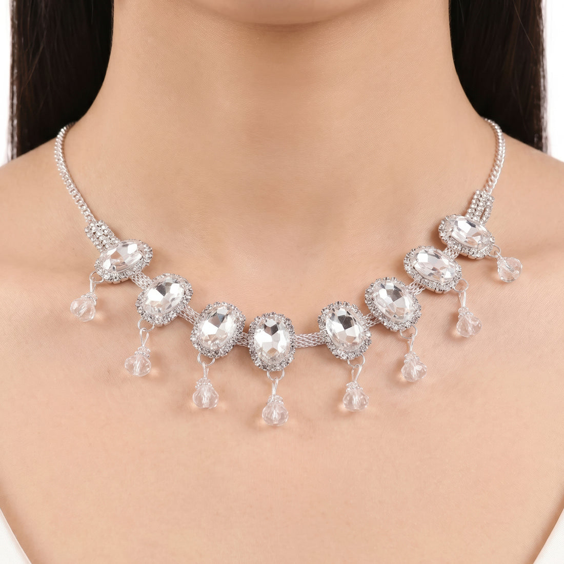 PRAO Necklace Anti-Tarnish White Crystal Gemstone Set With Earrings