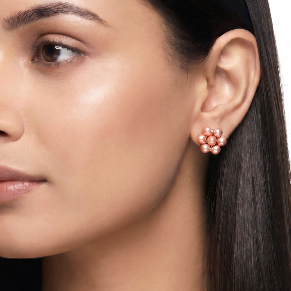 PRAO Earrings Anti-Tarnish Floral Brown Pearl Studs